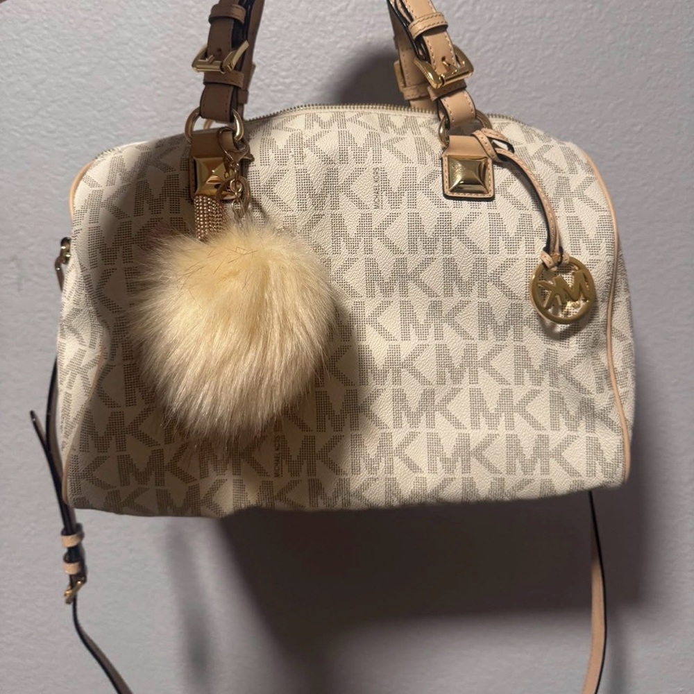 MICHAEL Michael Kors Cream Logo Dome Satchel with Pom Charm
